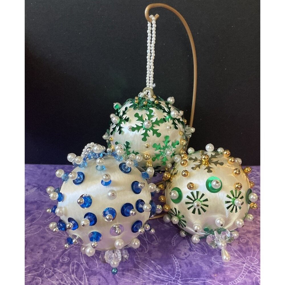 Handcrafted Beaded Sequin Christmas Ornaments Push Pin Satin Blue Green Lot Of 3